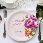 Roze magenta perzik pioenen elegant vrijgezellenfe papieren bordje<br><div class="desc">Roze magenta perzik pioenrozen elegant vrijgezellenfeest sjabloon papier borden gepersonaliseerd servies decor,  levendige gewaagde kleuren moderne casual typografie</div>