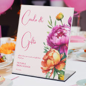 Roze magenta perzik pioenenkaarten en geschenken reclamebord met voetstuk