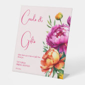 Roze magenta perzik pioenenkaarten en geschenken reclamebord met voetstuk (Voorkant)