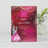 Roze magenta roos goudglitter trouwreceptie kaart (Staand voorkant)