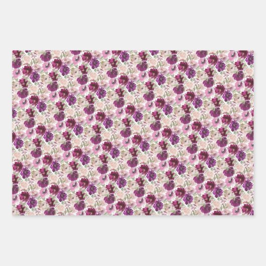 Roze Magenta Waterverf Bloemen Inpakpapier Vel (Voorkant 3)