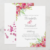 roze magenta Waterverf Floral Wedding Kaart (Voorkant / Achterkant)