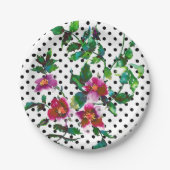 Roze magenta waterverf rozen retro polka stippen papieren bordje (Voorkant)