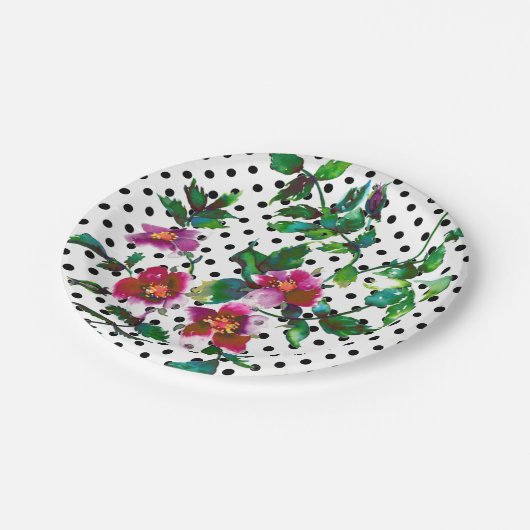 Roze magenta waterverf rozen retro polka stippen papieren bordje (Gekanteld)