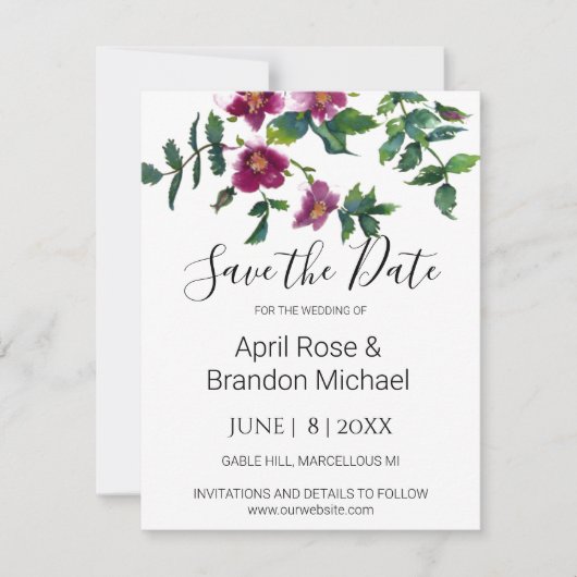  roze magenta waterverf rozen save the date (Voorkant)