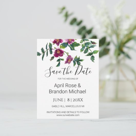  roze magenta waterverf rozen save the date (Staand voorkant)
