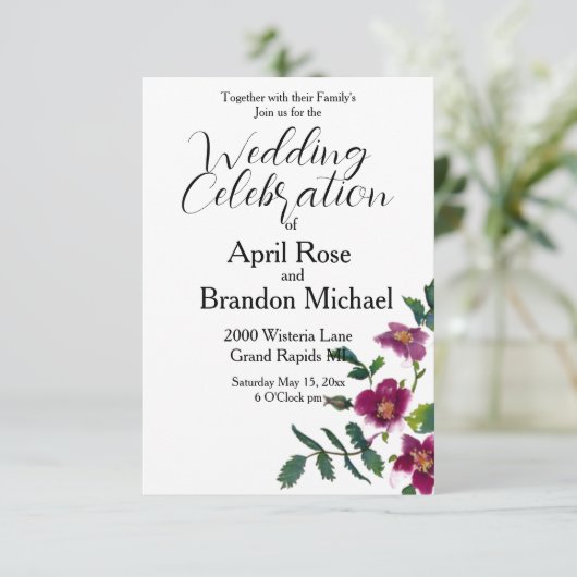  roze magenta waterverf rozen uitnodiging (Staand voorkant)