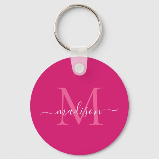 Roze magenta Witte monogram Naam Modern Manuscript Sleutelhanger (Voorkant)