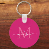 Roze magenta Witte monogram Naam Modern Manuscript Sleutelhanger (Voorkant)