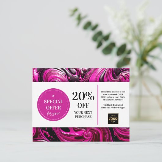 Roze Magenta Zwart Swirls Coupon Korting Briefkaar Briefkaart (Staand voorkant)