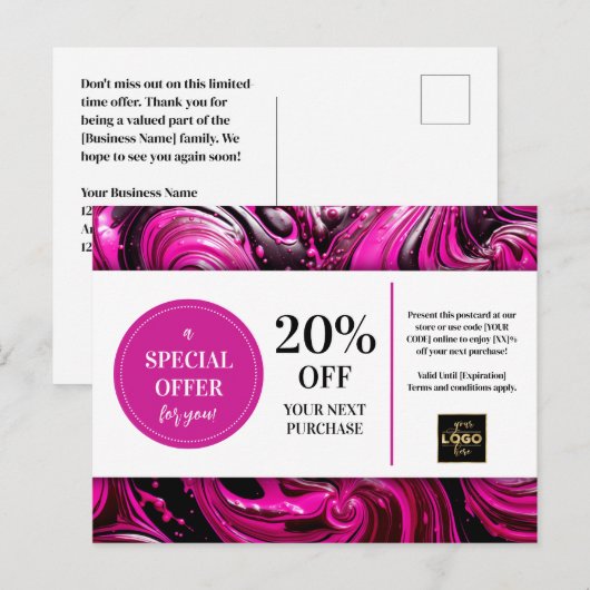 Roze Magenta Zwarte Wervelingen Coupon Korting Pos Briefkaart (Voorkant / Achterkant)