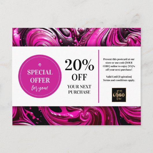 Roze Magenta Zwarte Wervelingen Coupon Korting Pos Briefkaart (Voorkant)