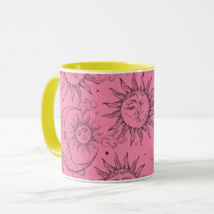 Roze Magie Vintage Hemel Zon Maan Sterren Mok