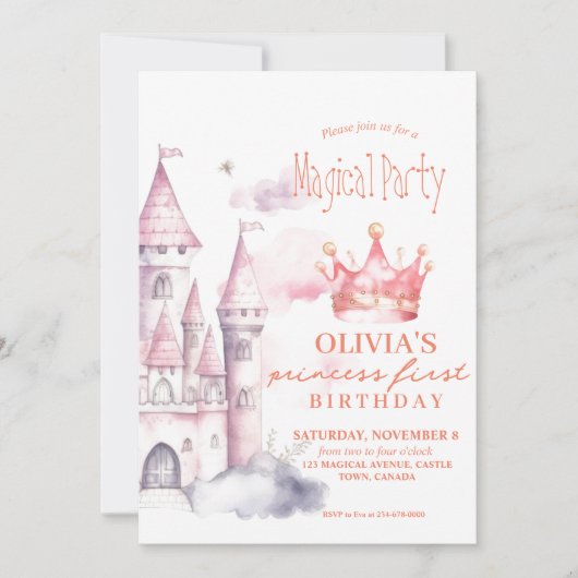 Roze Magisch Prinsessenkasteel 1e Verjaardagsfeest Kaart (Voorkant)