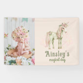 Roze Magische Eenhoorn Gepersonaliseerde Fotoverja Spandoek (Horizontaal)