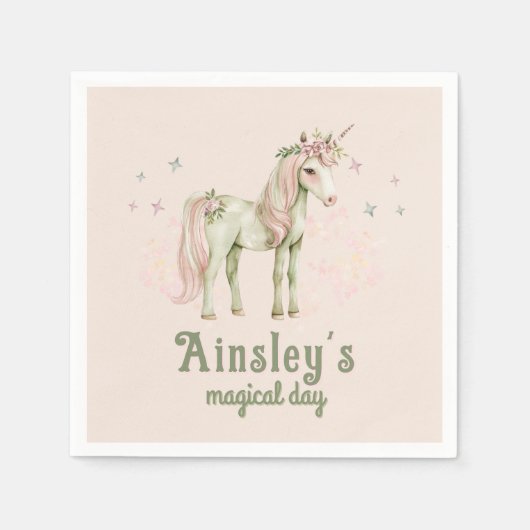 Roze magische eenhoorn gepersonaliseerde verjaarda servet (Voorkant)