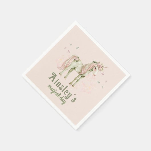 Roze magische eenhoorn gepersonaliseerde verjaarda servet (Hoek)