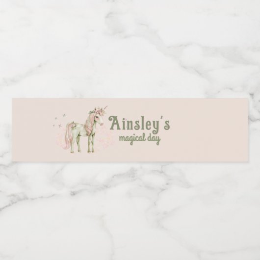 Roze magische eenhoorn gepersonaliseerde verjaarda waterfles etiket (Enkel label)