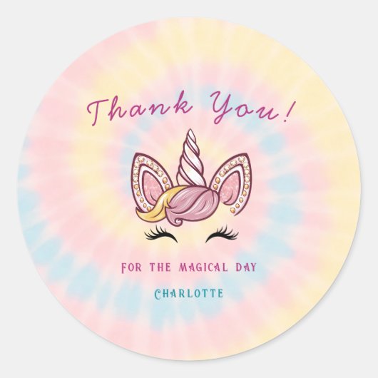 Roze Magische eenhoorn stropdas kleurstof goud gli Ronde Sticker (Voorkant)