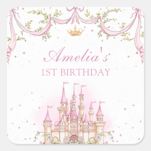 Roze Magische Princess Castle Verjaardag Sticker (Voorkant)