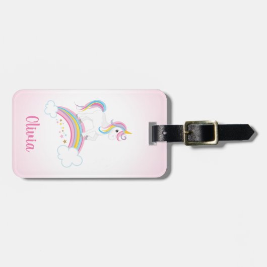 Roze Magische Regenboog Unicorn, gepersonaliseerd Bagagelabel (Voorkant horizontaal)
