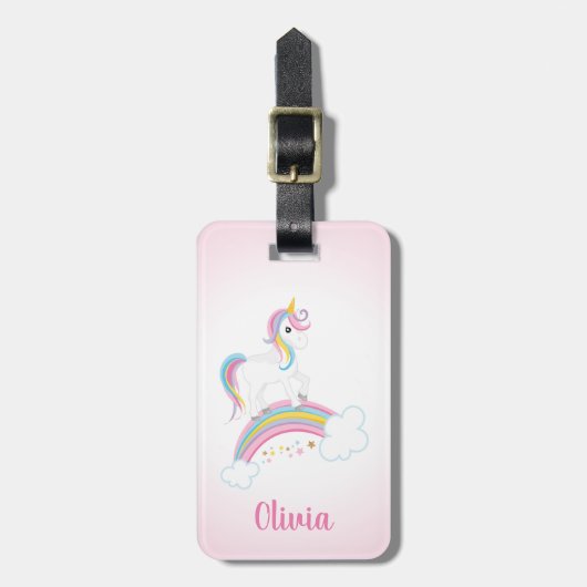 Roze Magische Regenboog Unicorn, gepersonaliseerd Bagagelabel (Voorkant verticaal)