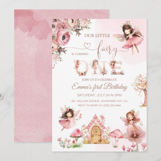 Roze Magische Sprookjesprinses Eerste Verjaardagsf Kaart (Voorkant / Achterkant)