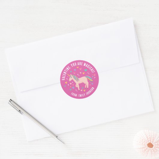 Roze, magische Unicorn Classroom Valentijn Gift Ronde Sticker (Envelop)