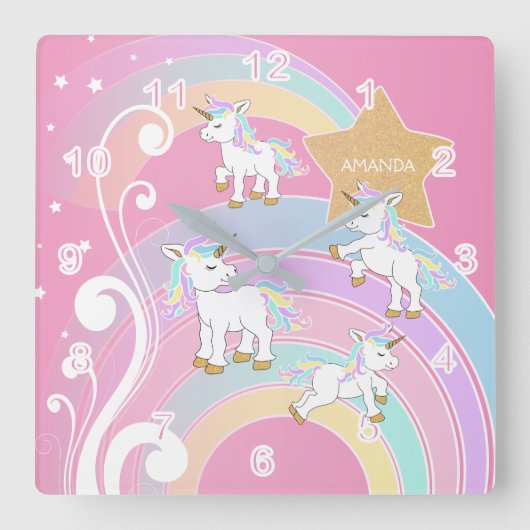 Roze Magische 🦄 Unicorn Vierkante Klok (Voorkant)