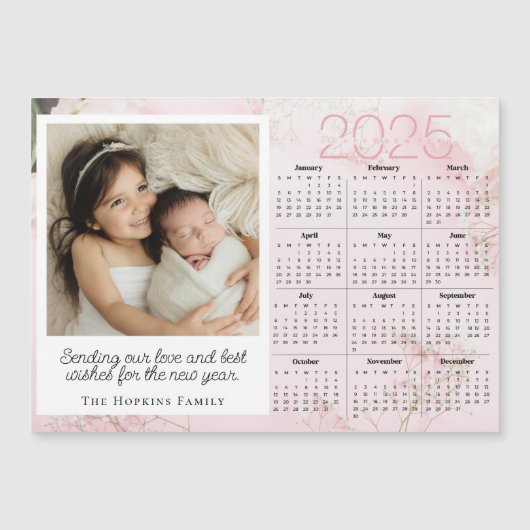 Roze magnetische kerstkaart met vakantiefoto op ma (Voorkant)