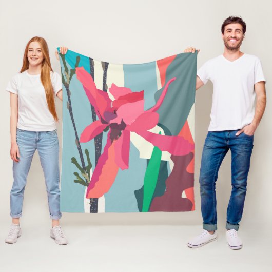 Roze Magnolia Abstracte Floral Colour Blocks Home Fleece Deken (In situ)