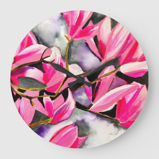 Roze Magnolia aquarel kunst Grote Klok (Voorkant)