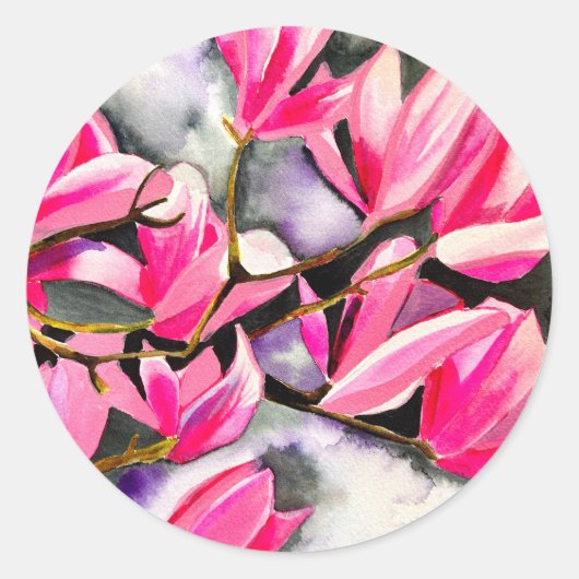 Roze Magnolia aquarel kunst Ronde Sticker (Voorkant)