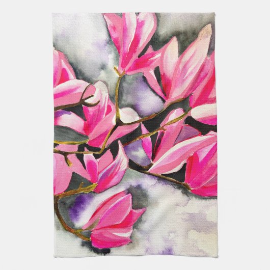 Roze Magnolia aquarel Theedoek (Verticaal)