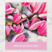 Roze Magnolia aquarel Wijn Etiket (Enkel label)