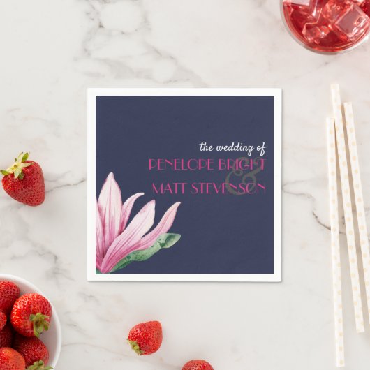 Roze Magnolia Bloem Blauw Monogram bruiloft Servet (Insitu)