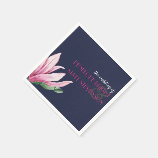 Roze Magnolia Bloem Blauw Monogram bruiloft Servet (Hoek)