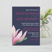 Roze Magnolia Bloem in bloei | Blauwe bruiloft Kaart (Staand voorkant)