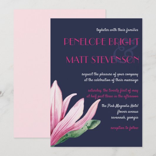 Roze Magnolia Bloem in bloei | Blauwe bruiloft Kaart (Voorkant / Achterkant)