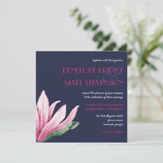 Roze Magnolia bloem in bloei | Blauwe bruiloft Kaart (Staand voorkant)