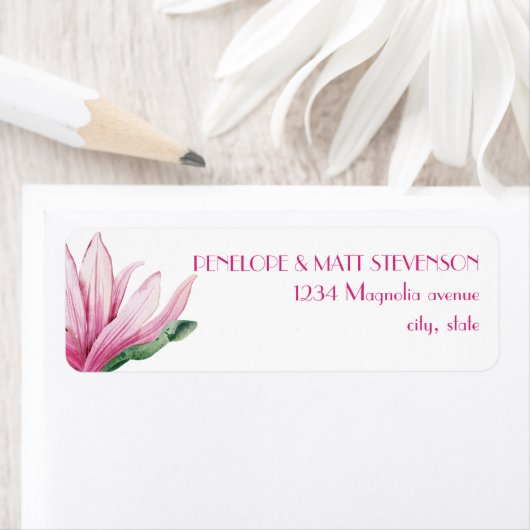 Roze Magnolia Bloem in bloei Bruiloft Etiket (Insitu)