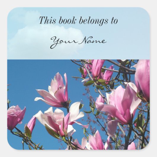 roze magnolia - bloemen in de blauwe hemel vierkante sticker (Voorkant)