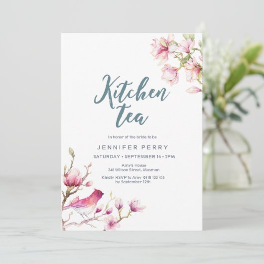 Roze Magnolia Bloemen Keuken Tea Party Uitnodiging (Staand voorkant)