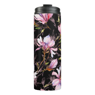 Roze magnolia-bloemen op een twijgpatroon thermosbeker