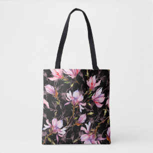 Roze magnolia-bloemen op een twijgpatroon tote bag