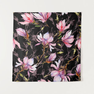 Roze magnolia-bloemen op een twijgpatroon wandkleed