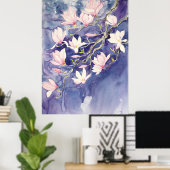 Roze Magnolia bloemen op paarse achtergrond Poster (Thuiskantoor)