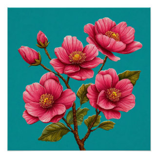Roze Magnolia Bloemen Op Turquoise Botanische Acht Perfect Poster