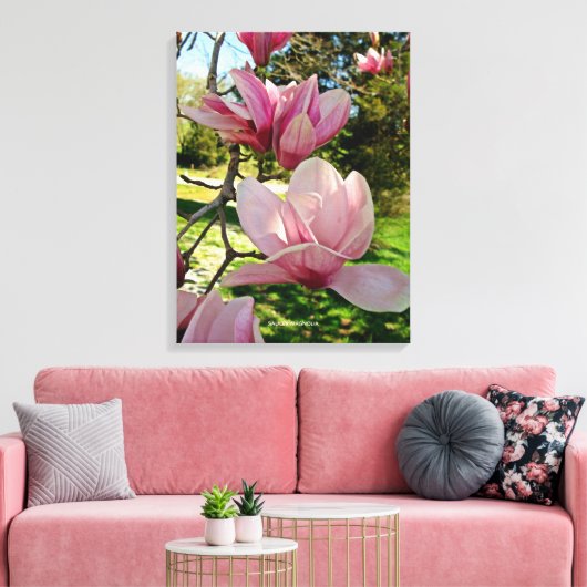  Roze Magnolia Bloemen Stretched Canvas Print (Insitu (Woonkamer))