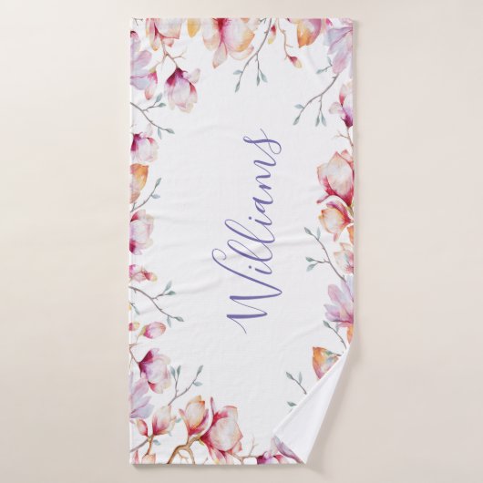 Roze magnolia bloemen, wit naamscript bad handdoek (Badhanddoek)